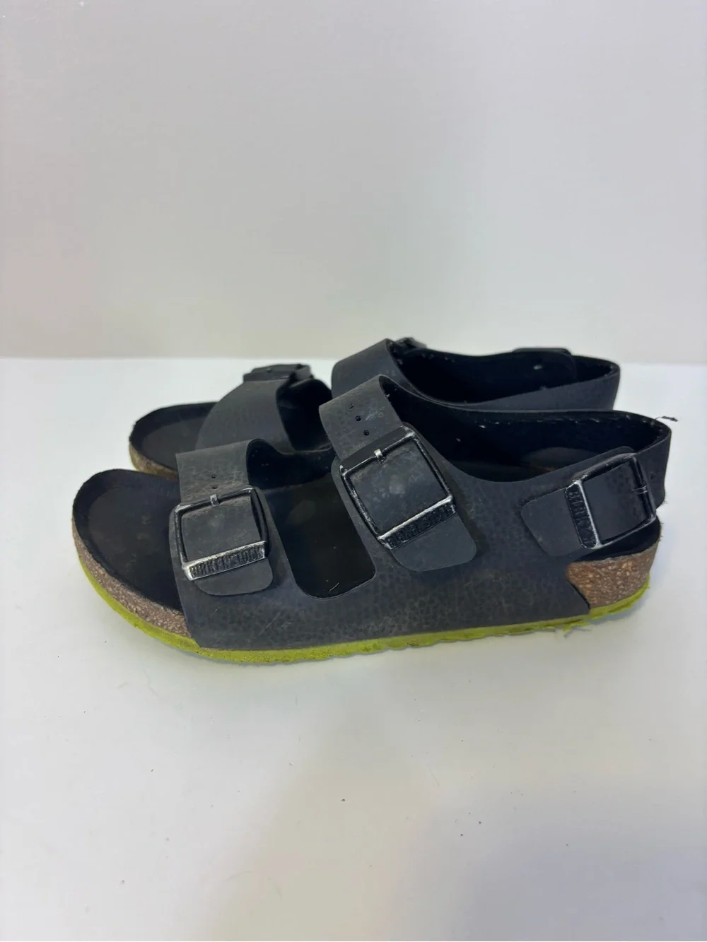 Birkenstock Kids Black Triple Buckle Sandals with Neon Green Sole Kids 13-13.5